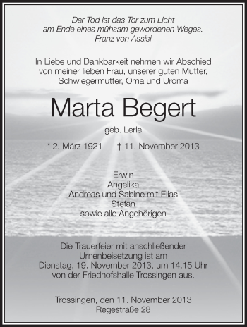 Anzeige von Marta Begert von Schwäbische Zeitung