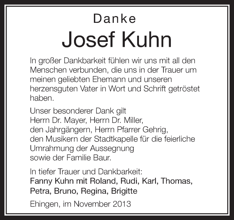  Traueranzeige für Josef Kuhn vom 16.11.2013 aus Schwäbische Zeitung