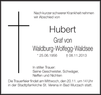 Anzeige von Hubert Graf von Waldburg-Wolfegg-Waldsee von Schwäbische Zeitung