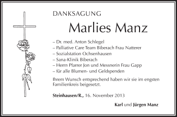 Anzeige von Marlies Manz von Schwäbische Zeitung