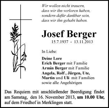 Anzeige von Josef Berger von Schwäbische Zeitung