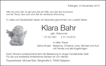 Anzeige von Klara Bahr von Schwäbische Zeitung