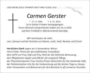Anzeige von Carmen Gerster von Schwäbische Zeitung