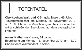 Anzeige von Totentafel vom 15.11.2013 von Schwäbische Zeitung