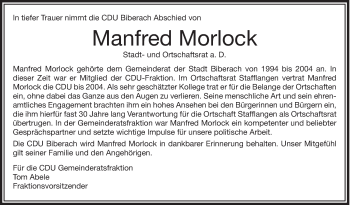 Anzeige von Manfred Morlock von Schwäbische Zeitung
