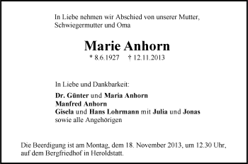 Anzeige von Marie Anhorn von Schwäbische Zeitung