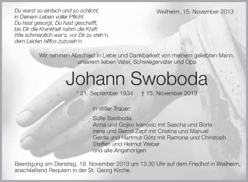 Anzeige von Johann Swoboda von Schwäbische Zeitung