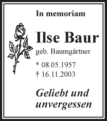 Anzeige von Ilse Baur von Schwäbische Zeitung