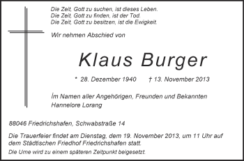 Anzeige von Klaus Burger von Schwäbische Zeitung