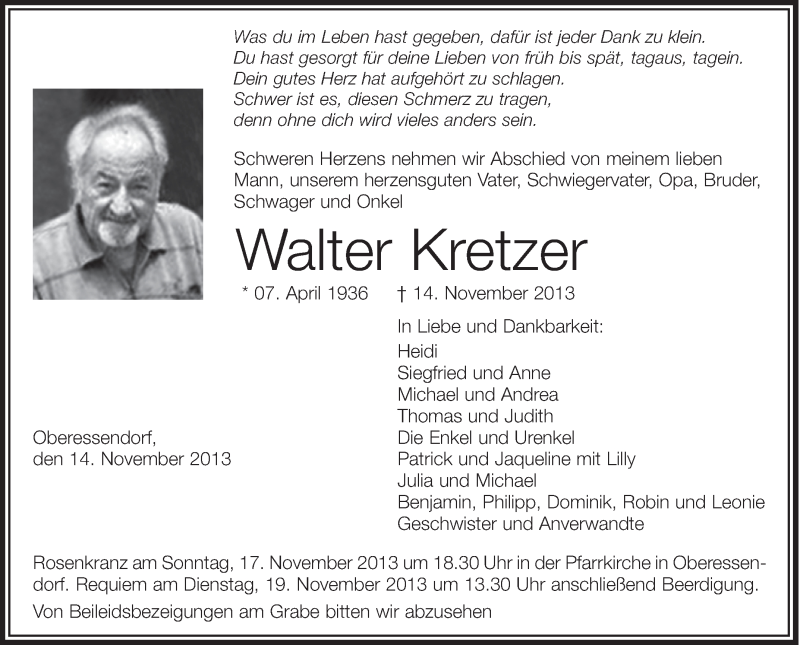 Traueranzeigen Von Walter Kretzer 