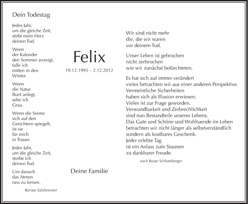  Traueranzeige für Felix Palm vom 02.12.2013 aus Schwäbische Zeitung