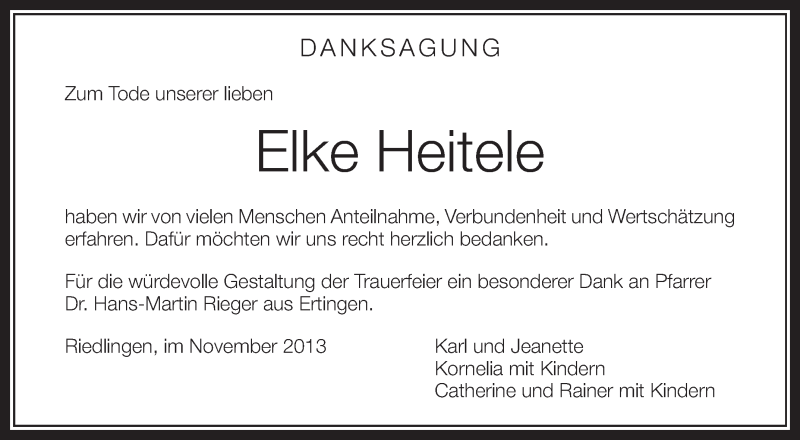  Traueranzeige für Elke Heitele vom 23.11.2013 aus Schwäbische Zeitung