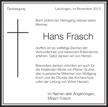 Anzeige von Hans Frasch von Schwäbische Zeitung