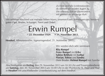 Anzeige von Erwin Rumpel von Schwäbische Zeitung