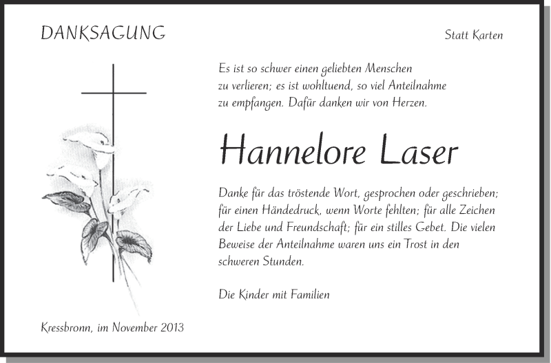  Traueranzeige für Hannelore Laser vom 30.11.2013 aus Schwäbische Zeitung