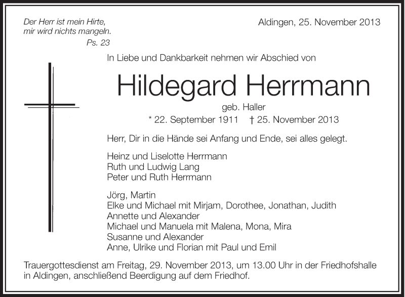 Traueranzeigen Von Hildegard Herrmann Schwaebische De Trauerportal My