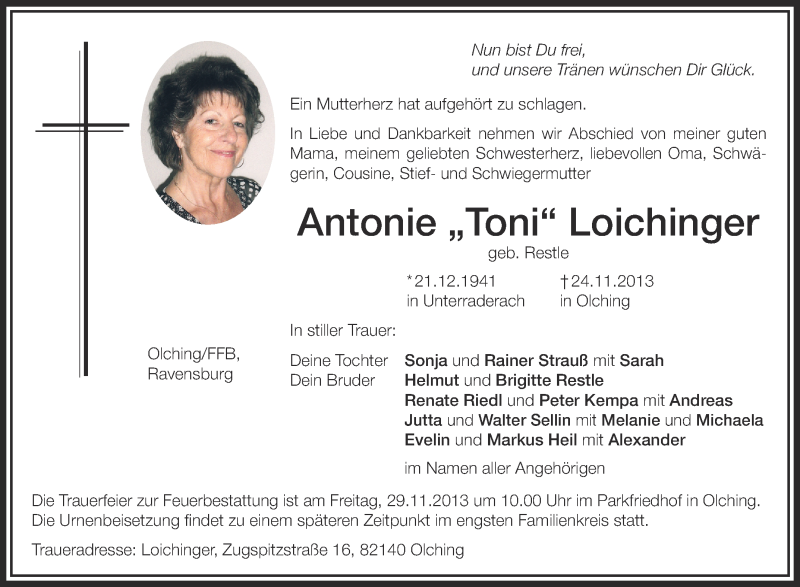  Traueranzeige für Antonie Loichinger vom 27.11.2013 aus Schwäbische Zeitung