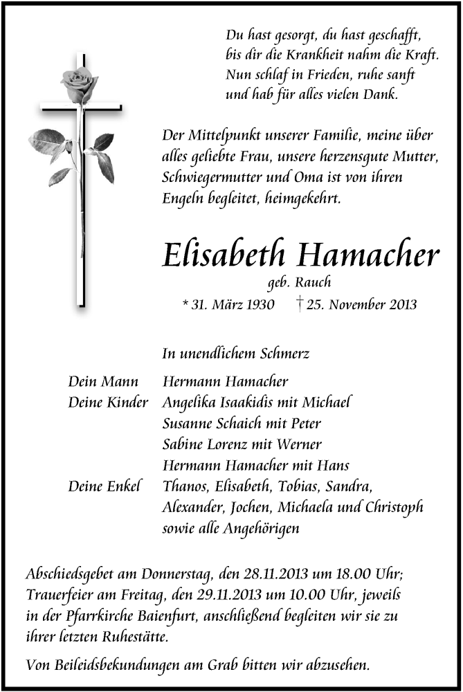  Traueranzeige für Elisabeth Hamacher vom 27.11.2013 aus Schwäbische Zeitung