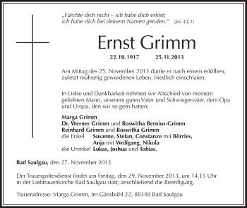 Anzeige von Ernst Grimm von Schwäbische Zeitung