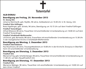Anzeige von Totentafel vom 28.11.2013 von Schwäbische Zeitung
