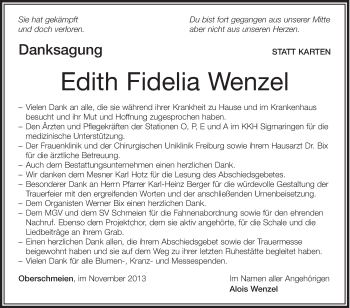 Anzeige von Edith Fidelia Wenzel von Schwäbische Zeitung