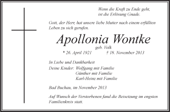 Anzeige von Apollonia Wontke von Schwäbische Zeitung