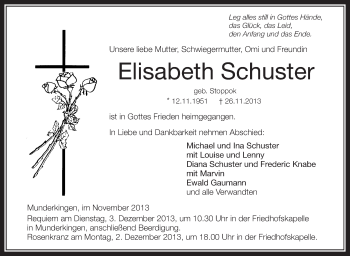 Anzeige von Elisabeth Schuster von Schwäbische Zeitung