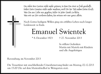 Anzeige von Emanuel Swientek von Schwäbische Zeitung