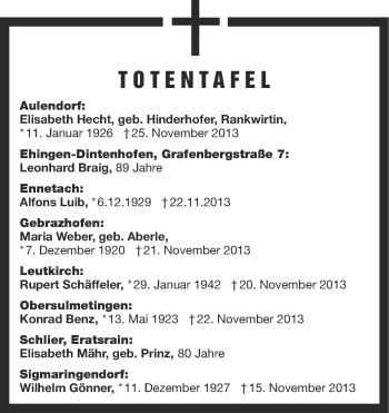 Anzeige von Totentafel vom 29.11.2013 von Schwäbische Zeitung