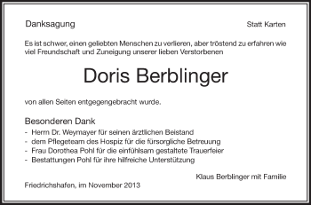 Anzeige von Doris Berblinger von Schwäbische Zeitung