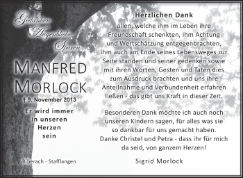 Anzeige von Manfred Morlock von Schwäbische Zeitung