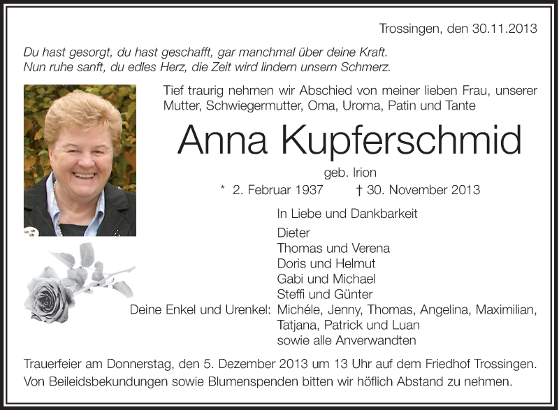  Traueranzeige für Anna Kupferschmid vom 03.12.2013 aus Schwäbische Zeitung