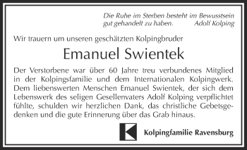 Anzeige von Emanuel Swientek von Schwäbische Zeitung