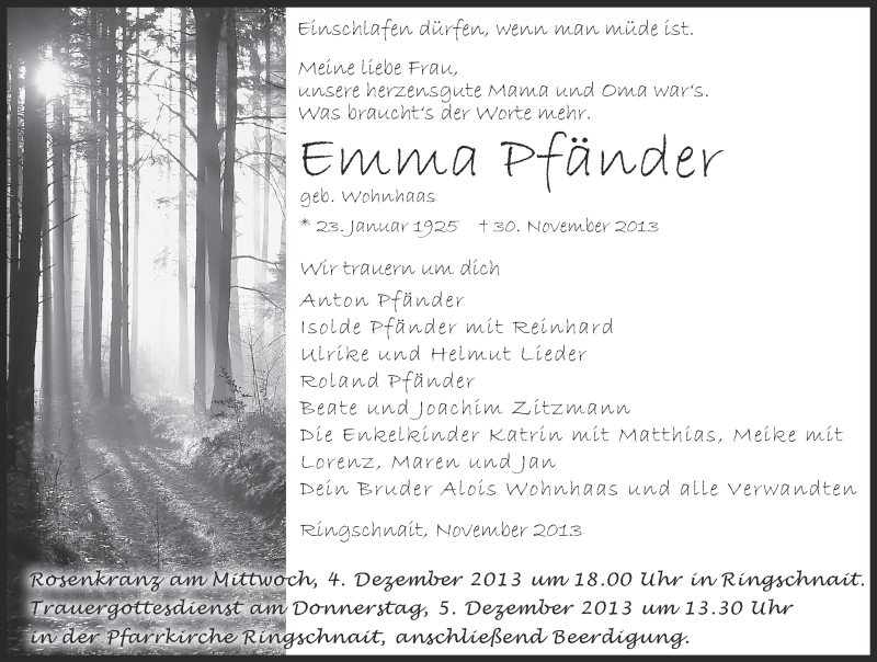  Traueranzeige für Emma Pfänder vom 03.12.2013 aus Schwäbische Zeitung