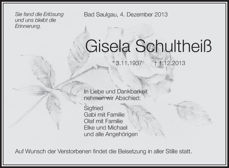  Traueranzeige für Gisela Schultheiß vom 04.12.2013 aus Schwäbische Zeitung