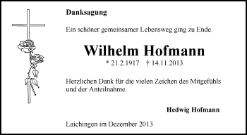 Anzeige von Wilhelm Hofmann von Schwäbische Zeitung