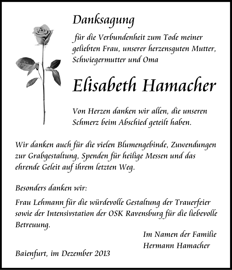  Traueranzeige für Elisabeth Hamacher vom 07.12.2013 aus Schwäbische Zeitung