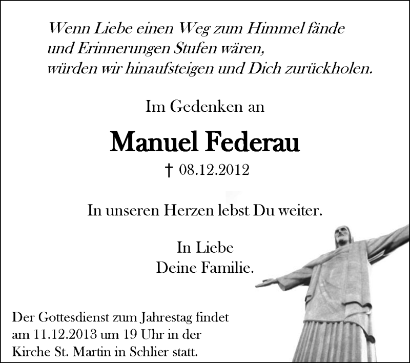 Traueranzeige für Manuel Federau vom 07.12.2013 aus Schwäbische Zeitung