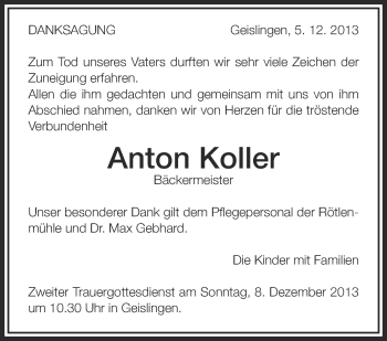 Anzeige von Anton Koller von Schwäbische Zeitung