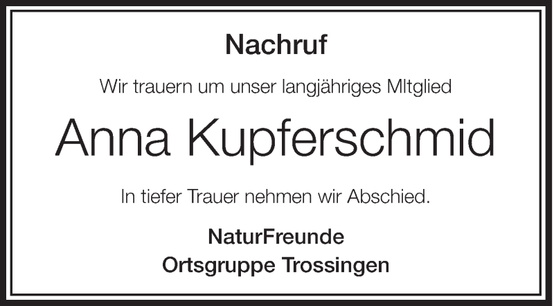  Traueranzeige für Anna Kupferschmid vom 06.12.2013 aus Schwäbische Zeitung