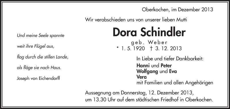  Traueranzeige für Dora Schindler vom 09.12.2013 aus Schwäbische Zeitung