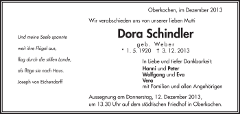 Anzeige von Dora Schindler von Schwäbische Zeitung
