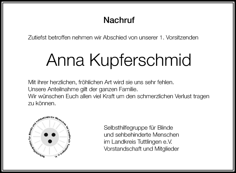 Traueranzeige für Anna Kupferschmid vom 11.12.2013 aus Schwäbische Zeitung