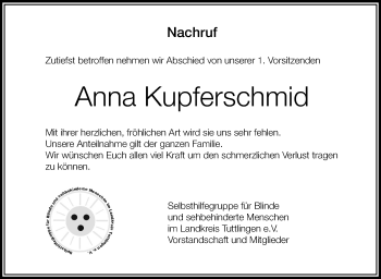 Anzeige von Anna Kupferschmid von Schwäbische Zeitung