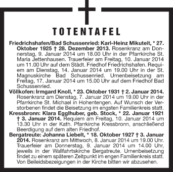 Anzeige von Totentafel vom 07.01.2014 von Schwäbische Zeitung