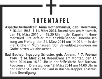 Anzeige von Totentafel vom 17.03.2014 von Schwäbische Zeitung
