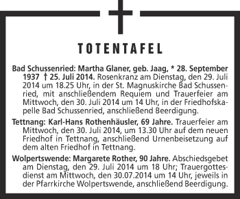 Anzeige von Totentafel vom 28.07.2014 von Schwäbische Zeitung