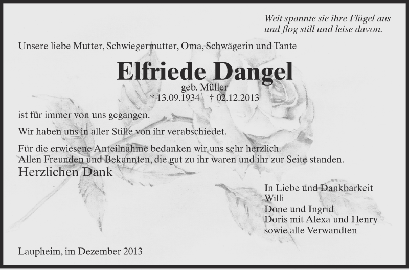  Traueranzeige für Elfriede Dangel vom 14.12.2013 aus Schwäbische Zeitung