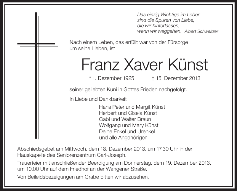  Traueranzeige für Franz Xaver Künst vom 17.12.2013 aus Schwäbische Zeitung