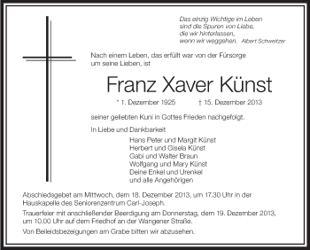 Anzeige von Franz Xaver Künst von Schwäbische Zeitung